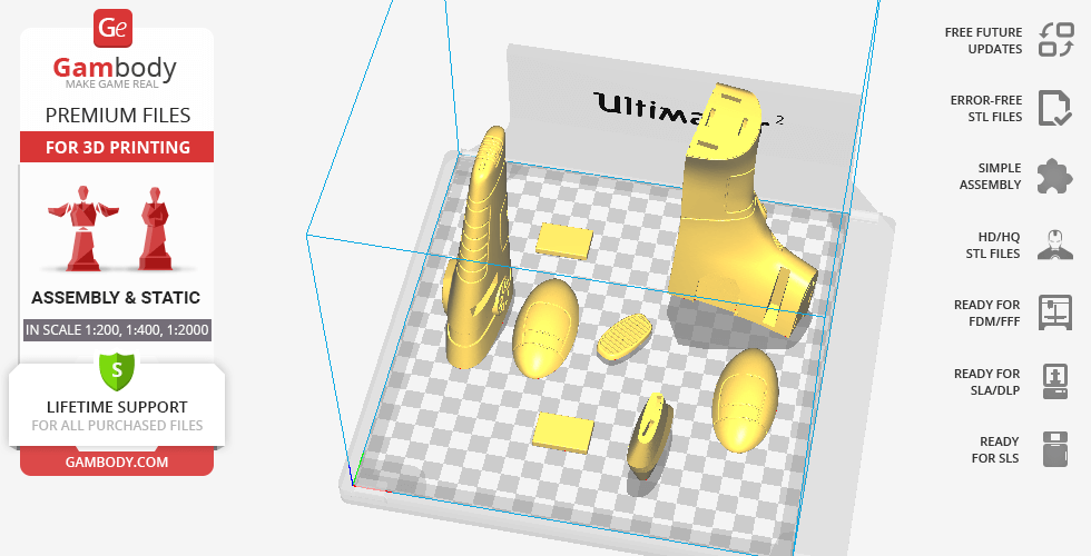 3D print layout of Taranis EVE Online model parts in yellow, ready for assembly.