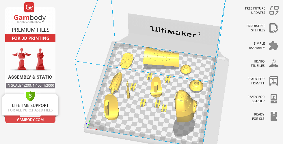 3D printer simulation showing disassembled yellow parts of the Taranis ship from EVE Online.