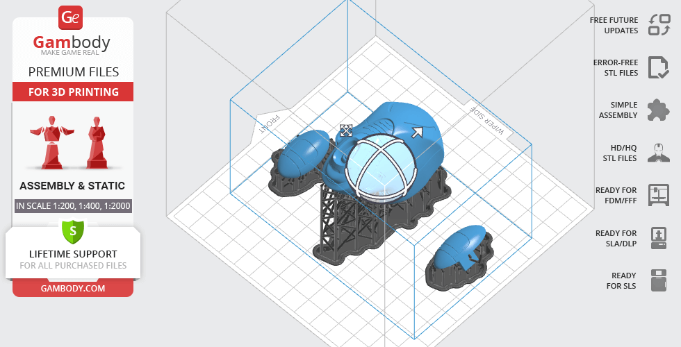 A 3D-printed model of Taranis spaceship from EVE Online, featuring detailed blue and gray segments.