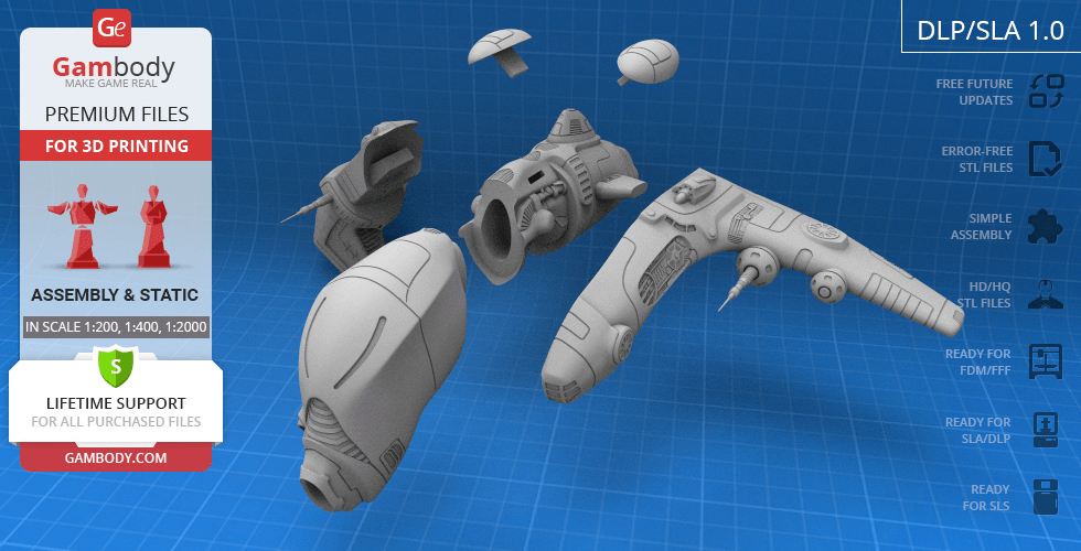 3D model parts of a spaceship from EVE Online, ready for assembly and 3D printing.