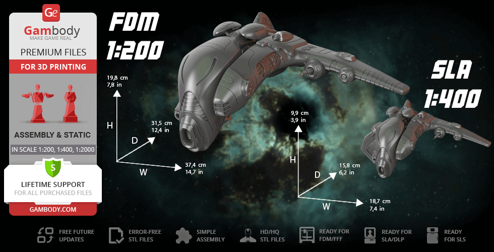 A 3D model of the Taranis ship from EVE Online, showing two print scales: 1:200 FDM and 1:400 SLA.