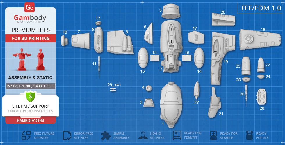 A blueprint layout of 3D printer parts for Taranis from EVE Online, labeled and organized on a grid.