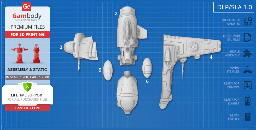 Layout of 3D printable parts for Taranis ship from EVE Online, including body and wings on blueprint background.