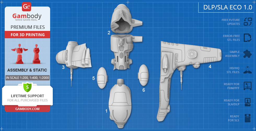 3D printable parts of the Taranis ship from EVE Online, displayed on a blueprint-style background.