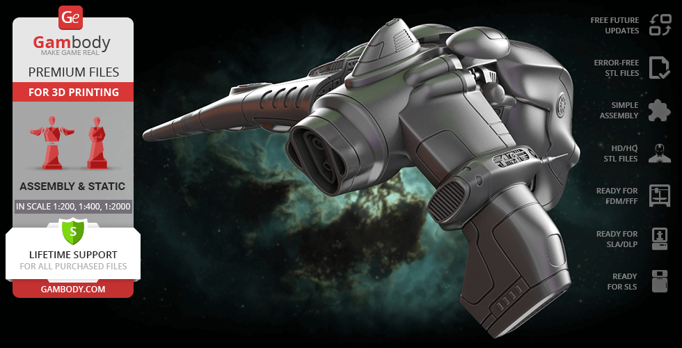 Futuristic spaceship model for 3D printing from EVE Online, shown with detailed features and assembly notes.