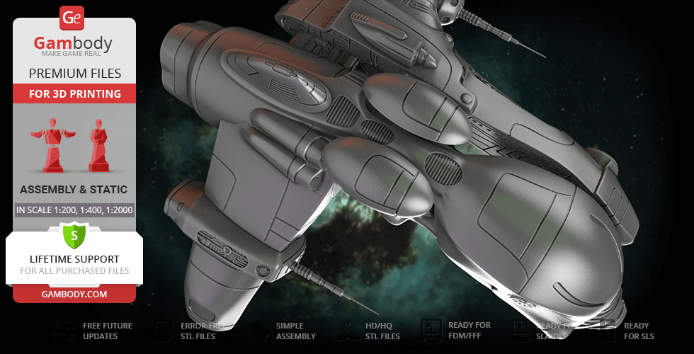 Futuristic spaceship model with sleek, detailed design for 3D printing, inspired by EVE Online.
