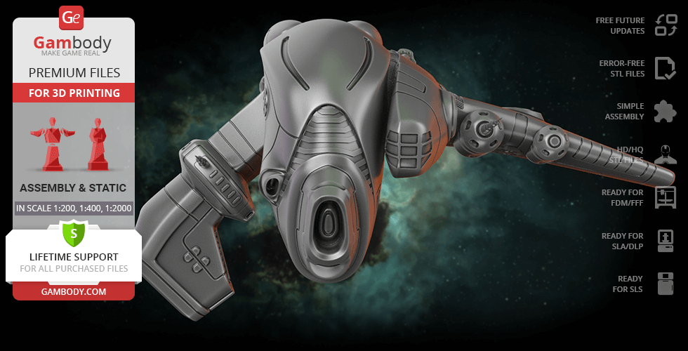 A detailed 3D model of a spaceship from EVE Online, designed for 3D printing, displayed in space backdrop.