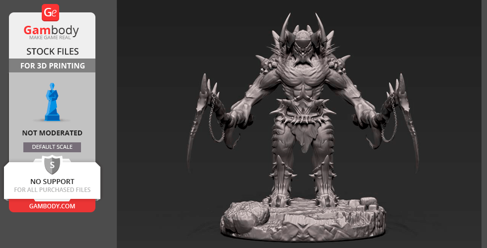 A fierce demon ogre with spiked armor and dual weapons on a rocky base, designed for 3D printing.