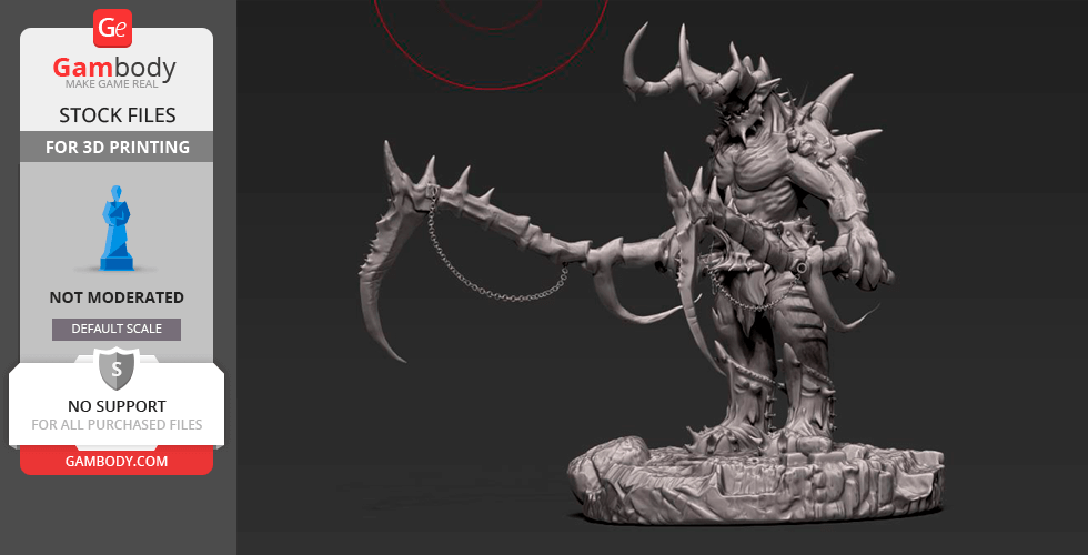 A fierce, horned demon ogre wielding dual scythes stands on a rocky base, detailed for 3D printing.