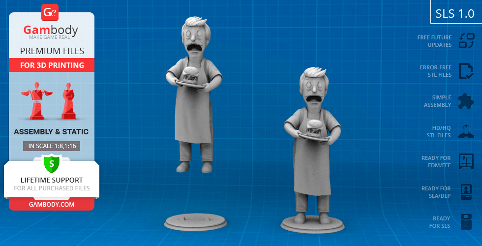 3D model of a man in an apron holding a burger, for 3D printing.