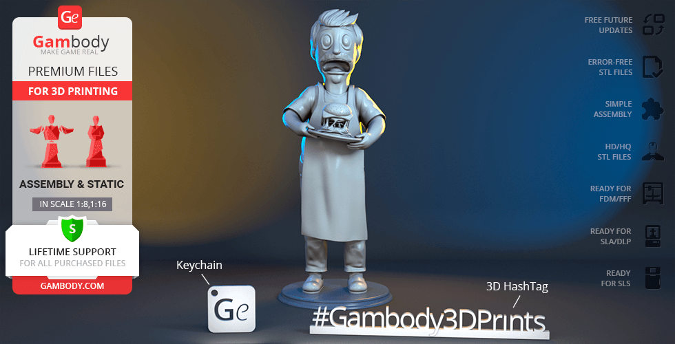 3D model of a man in a chef outfit holding a burger, standing on a base for printing.