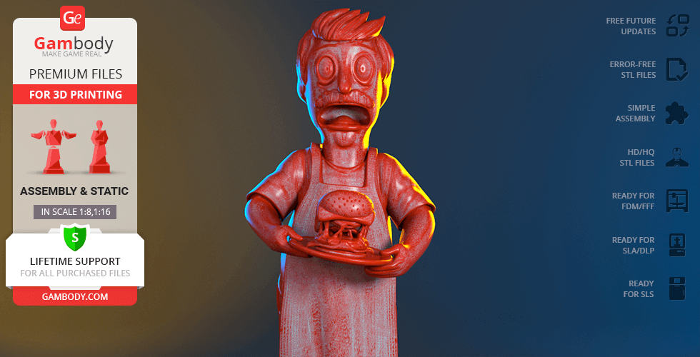 3D model of Bob Belcher holding a burger, designed for 3D printing by Gambody.