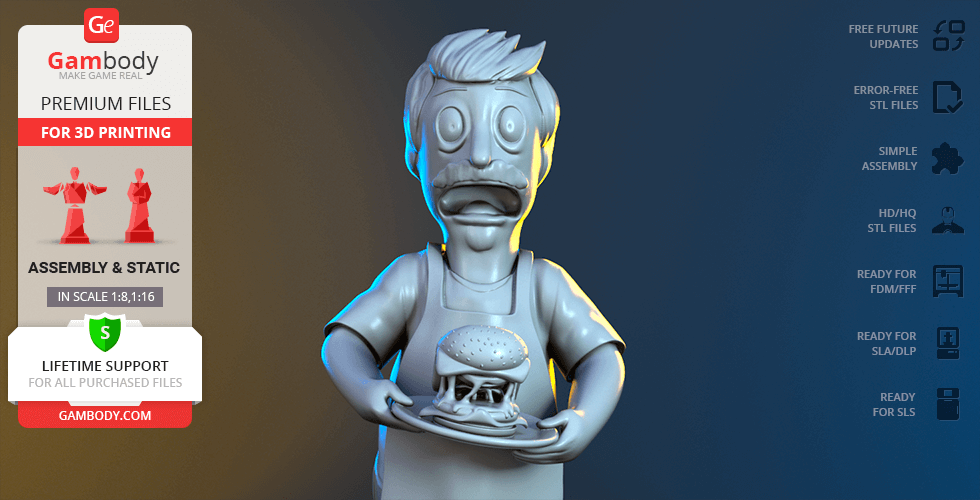 3D model of a cartoon chef holding a burger, ready for printing with Gambody's assembly and support features.