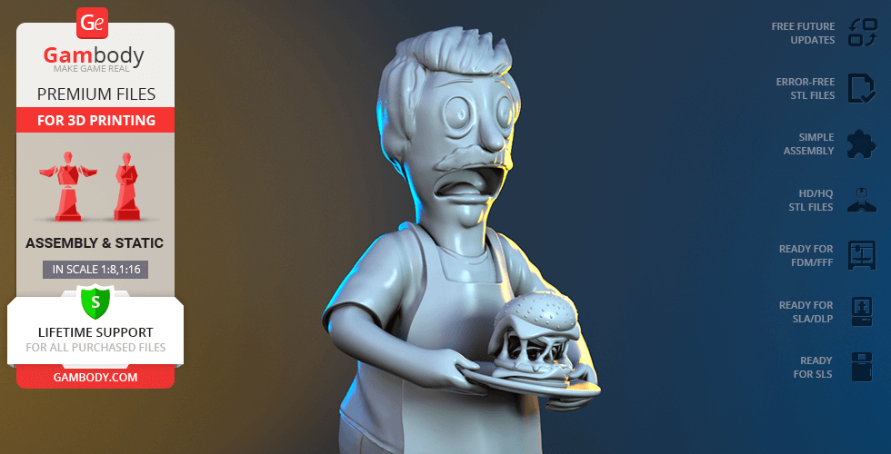 3D model of a cartoon man in an apron holding a burger, ready for 3D printing.