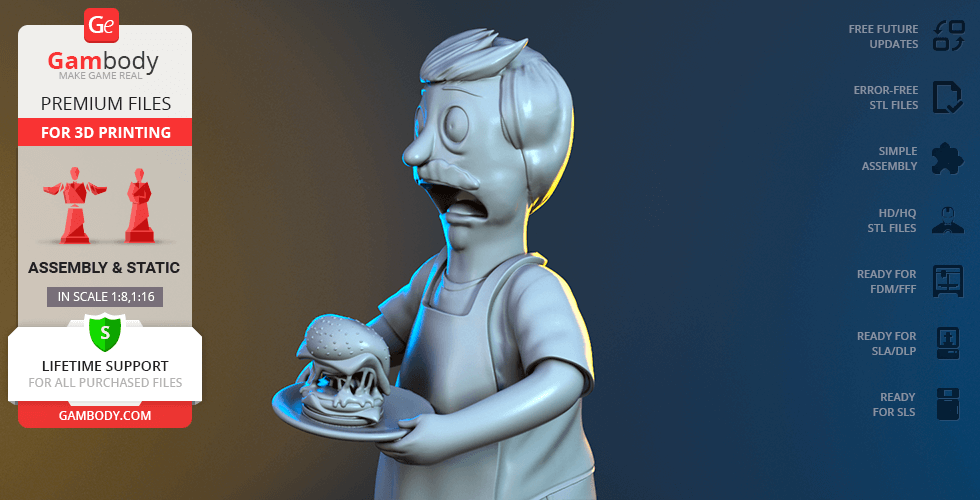 3D model of a cartoon character holding a burger on a plate, designed for 3D printing by Gambody.