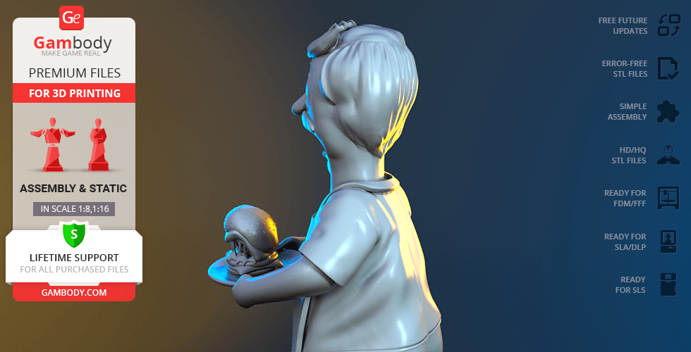 3D model of a man holding a burger, viewed from the side, suitable for 3D printing.