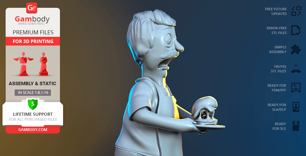 3D model of a man with a mustache holding a burger, designed for 3D printing.