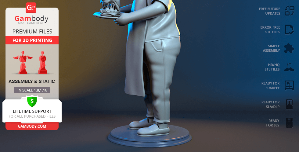 A 3D model of a character holding a burger, standing on a round base, ready for printing.