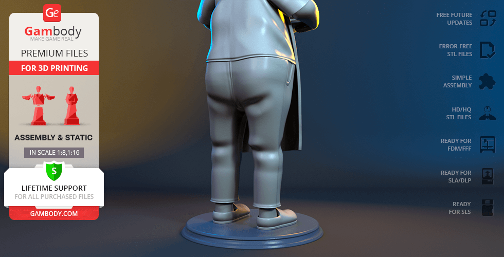 3D model of a standing cartoon character from the back, ready for 3D printing.