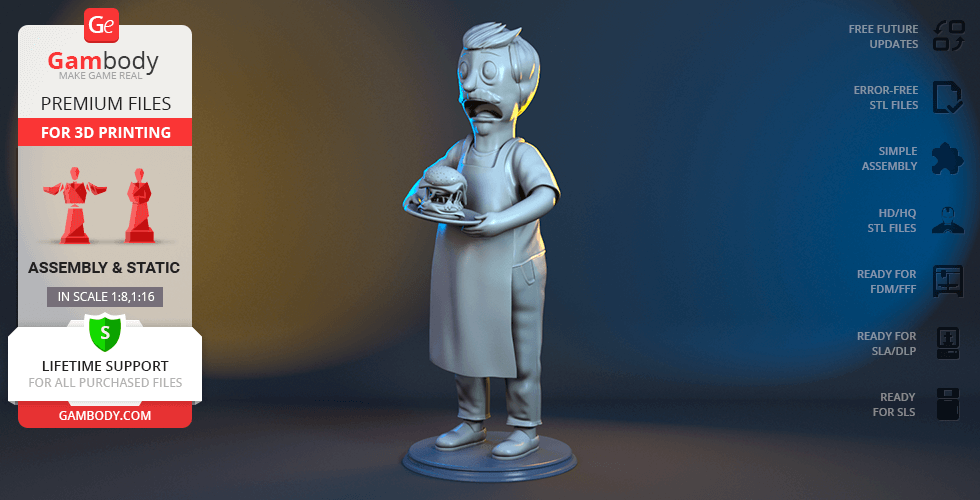 A 3D model of a man in an apron holding a burger, standing on a round base.