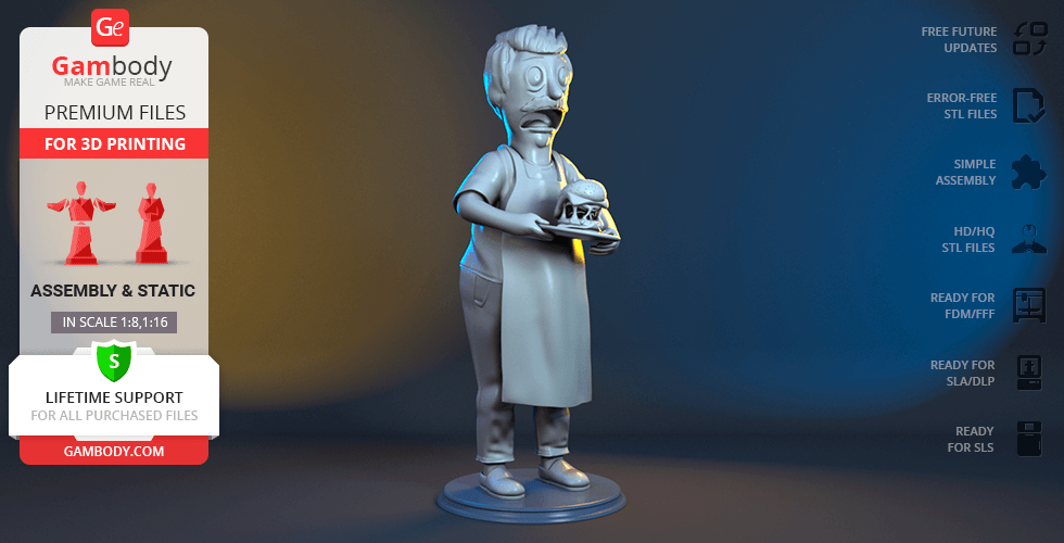 3D printable model of a character in an apron holding a burger, in grayscale.