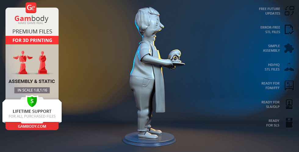 3D model of a cartoon character holding a burger, wearing an apron, on a round base for 3D printing.