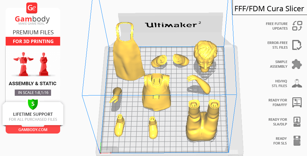 3D printing model parts of an animated character, including torso, head, arms, and legs, in Cura Slicer.