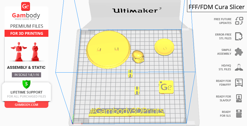 3D printing layout featuring Bob Belcher figurine parts and base on a virtual printing bed.