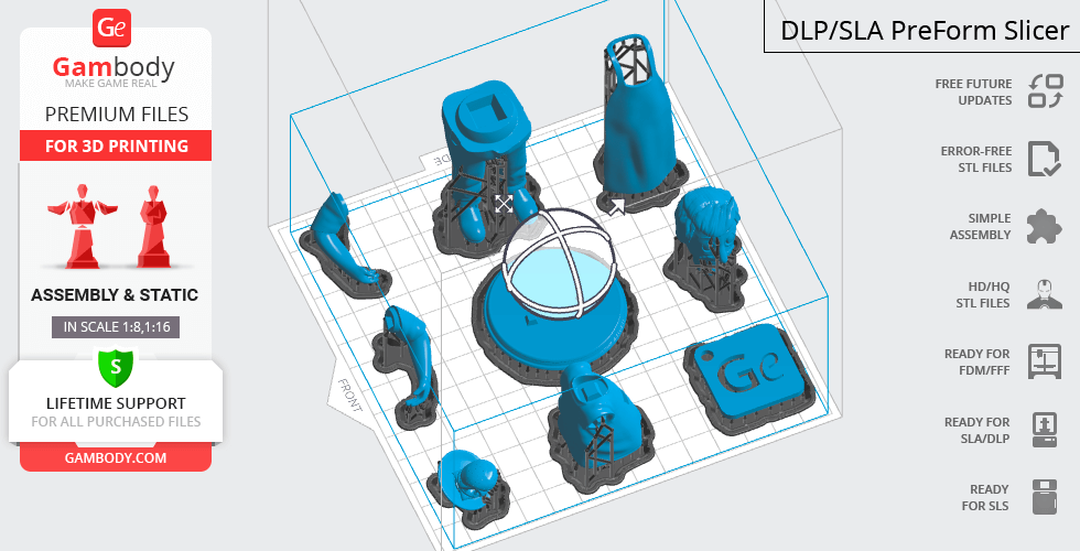 3D model parts for assembling a character, shown in a slicing software interface for 3D printing.