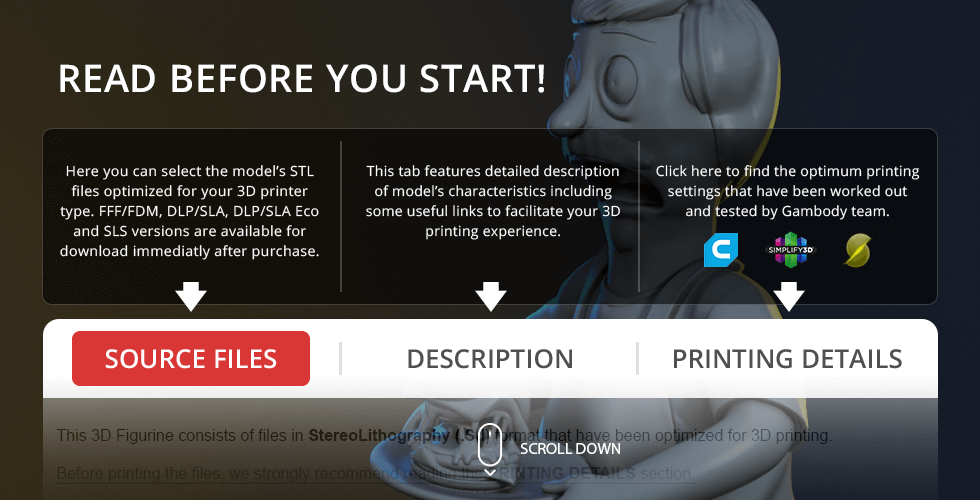 3D model of a cartoon character with printing instructions and tabs for files, description, and details.