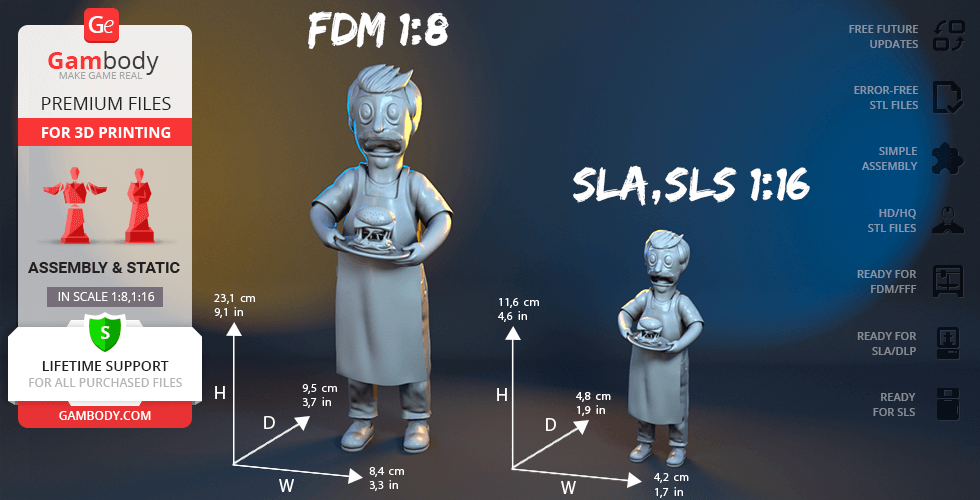 3D model of Bob Belcher holding a burger, shown in two scale sizes for printing: FDM 1:8 and SLA, SLS 1:16.