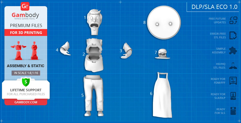 3D printed model kit of a cartoon chef character, showing torso, head, arms, legs, apron, and stand.