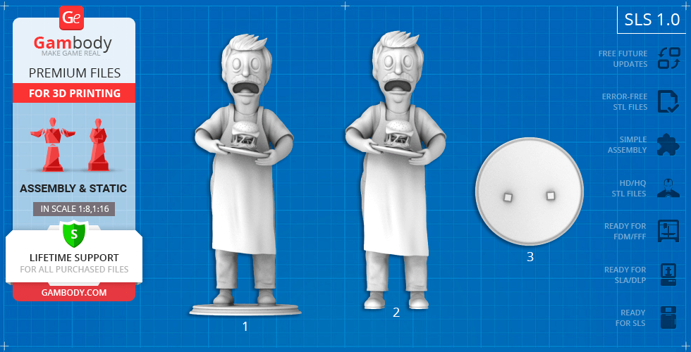 3D model of Bob Belcher in apron holding a burger, includes assembly and base for printing.