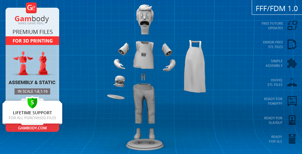3D model parts of a character for printing: head, arms, torso, legs, apron, and base displayed on a blue grid.
