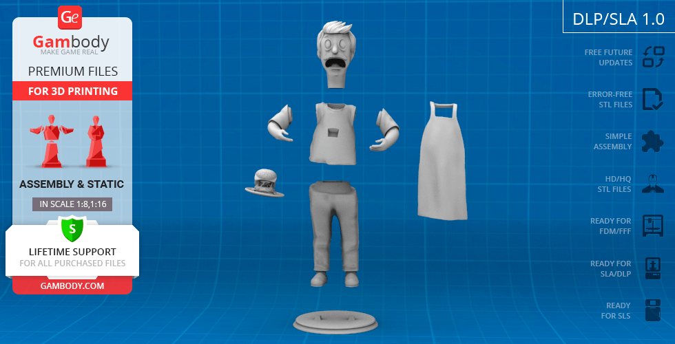 3D model of a cartoon character disassembled, showing head, torso, arms, pants, and an apron for printing.
