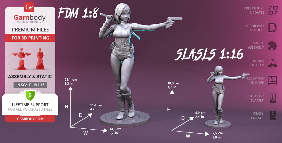 A 3D model of a female character in a dynamic pose, holding a gun and sword, on a circular base.