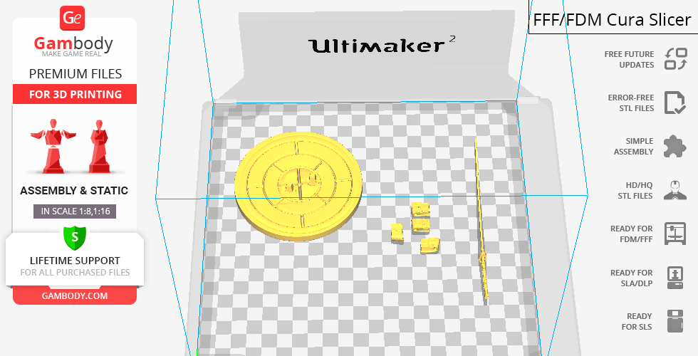 Gwenpool 3D model parts laid out for printing in Cura slicer software on Ultimaker 2.