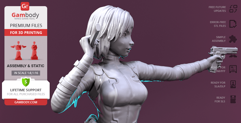 3D model of Gwenpool in a dynamic pose, holding a gun, detailed and ready for 3D printing.