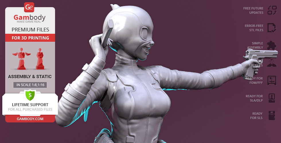 3D model of a female character in a form-fitting suit holding a gun, ready for printing.