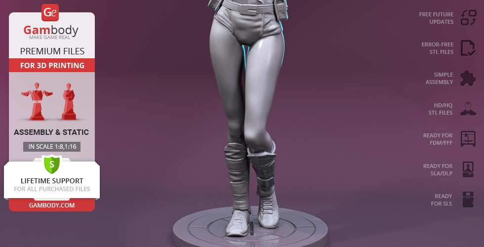 A partial view of a 3D model depicting Gwenpool's legs, in a dynamic pose on a circular base.