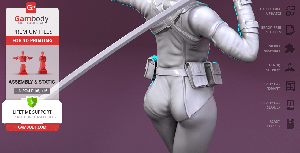 3D model of a character in action pose with sword, pouches on belt.