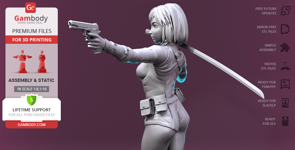 3D model of Gwenpool with a gun and sword, designed for 3D printing.