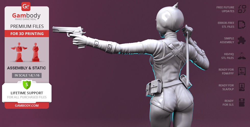 3D model of a character in action pose with a gun, wearing tactical gear, designed for 3D printing.