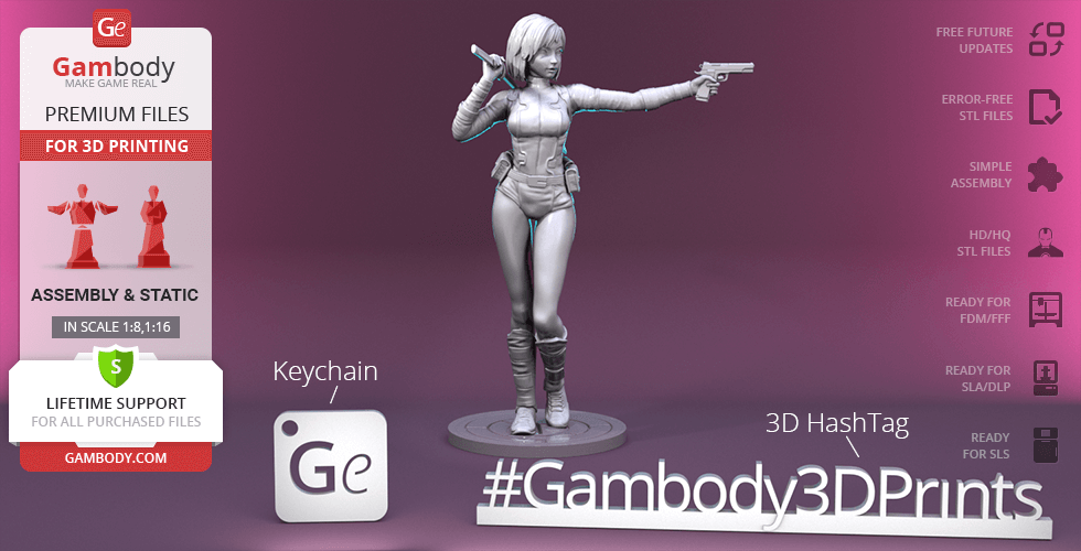 3D model of Gwenpool in an action pose, holding a gun, designed for 3D printing.