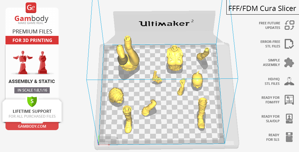 3D printing layout showing separated parts of a Gwenpool model, ready for assembly.