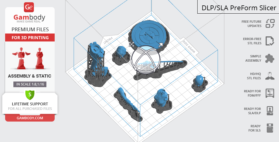 3D model parts of Gwenpool arranged in a slicing software for 3D printing.