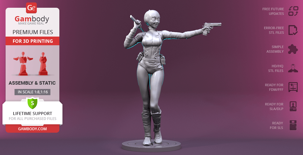 3D model of a female character in action pose, holding a gun. She wears a suit and stands on a round base.