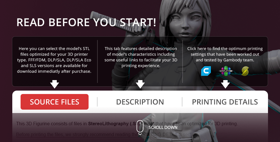 Gwenpool 3D model with 3D printing options and instructions displayed on a selection interface.