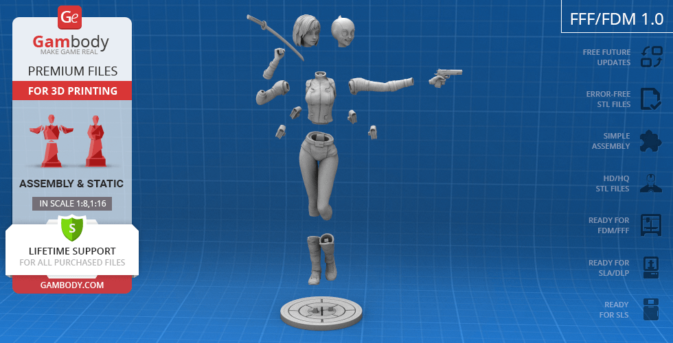 Assembled parts of a 3D printable Gwenpool model with accessories and base on a grid background.