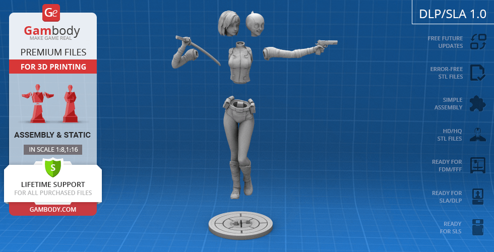 3D model of a headless character, dual-wielding guns, with interchangeable masked head, and stand.